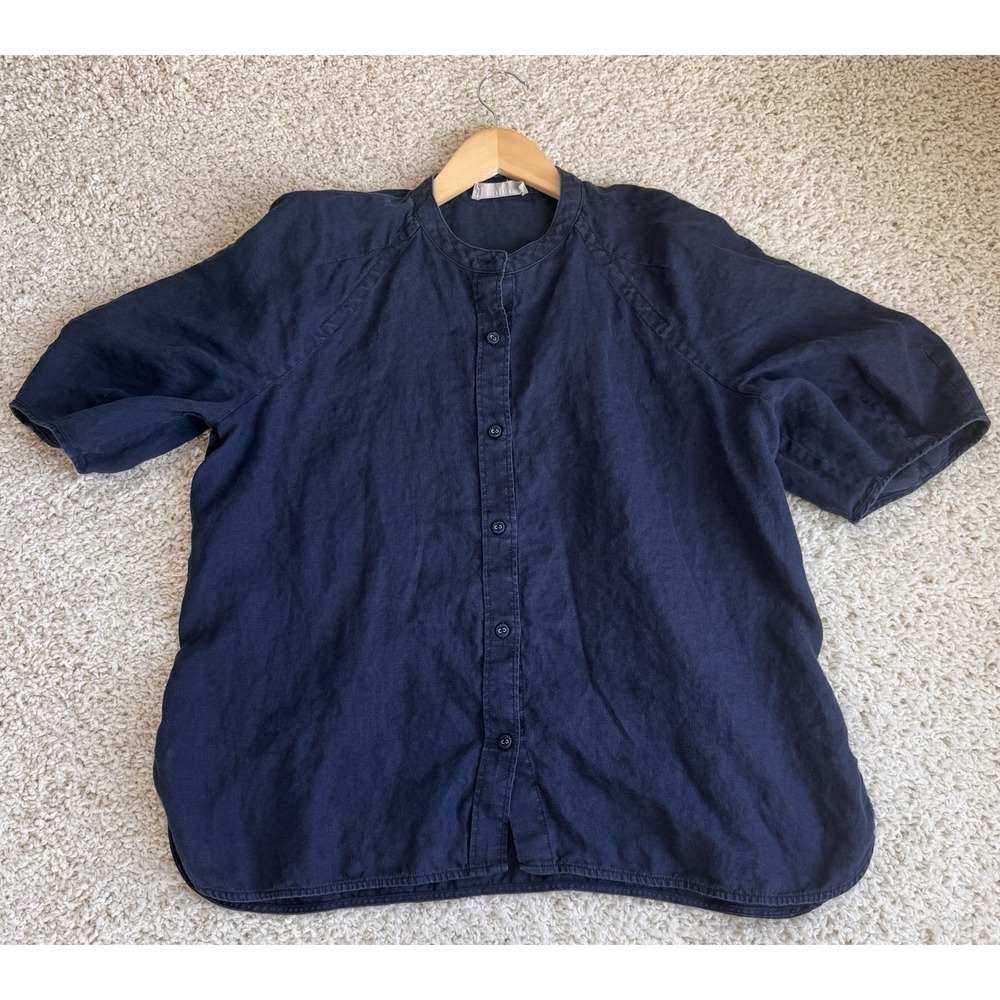 Everlane Linen Button Up Shirt Women Large Navy Blue Excellent Band Collar Short